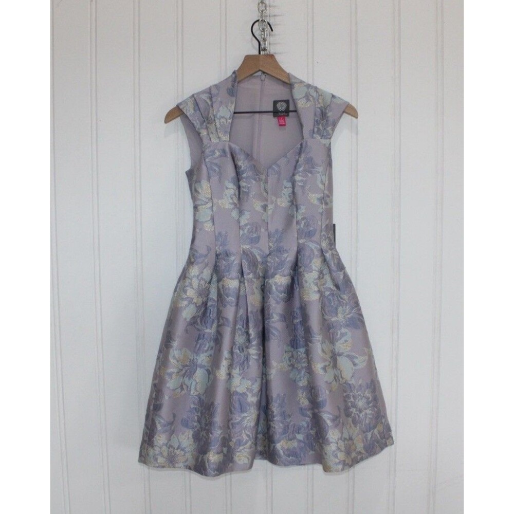 Vince Camuto Floral Jacquard Pleated Fit & Flare Cocktail Wedding Guest Dress 0